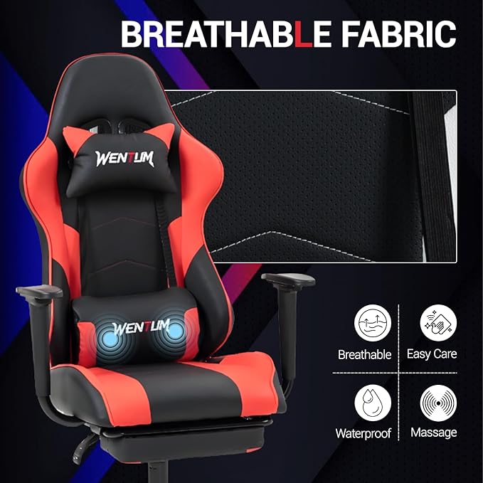 Gaming Chair Video Game Chair with Footrest Massage Computer Chair with PU LeatherLumbar Support for Men Women Home Office Height Adjustale Ernogomic Gaming Chair High Back Red