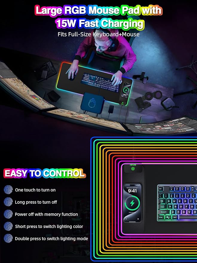 Magnetic Charging Mouse Pad 31.5x11.81 Inch XL Gaming Mousepad 11+5 RGB Lighting Modes Home Office Large Desk Pad with Ultra-Smooth Surface Non-Slip Waterproof Keyboard Pad Classic Black Desk Mat