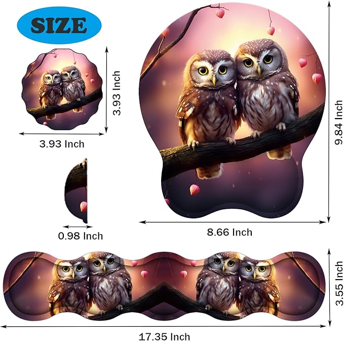 Ergonomic Keyboard Wrist Support Pad and Wrist Support Mouse Pad Anti-Slip with Gel Memory Mouse Pad Set Suitable for Office Use/Home Use - Cute Owls