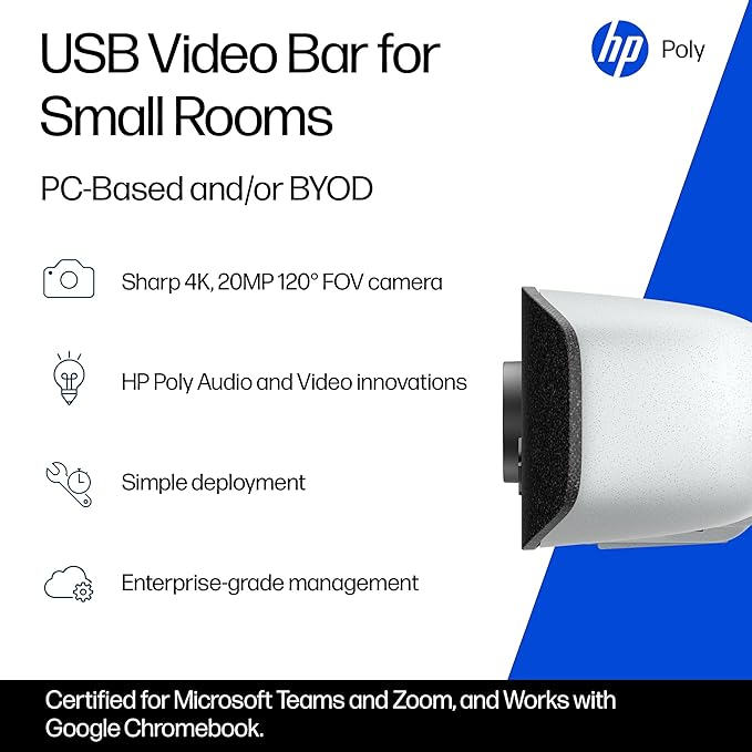 Poly Studio V12 – USB Video Bar for Small Rooms - 4K 20MP Camera AI-Enhanced Audio Noise Cancellation Poly Lens Management - Microsoft Teams Zoom &amp Google Meet Compatible - Thoughtfully Made