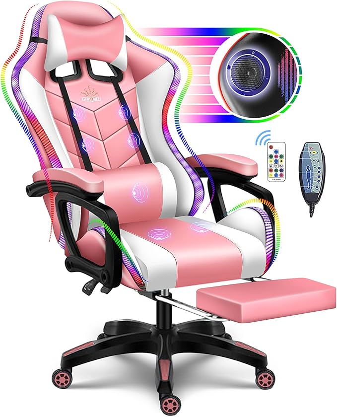 Massage Gaming Chairs for Heavy People Adults Gaming Chair with RGB LED Lights and Dual SpeakersErgonomic Reclining Office Desk Computer Chair with Footrest and Lumbar SupportPink