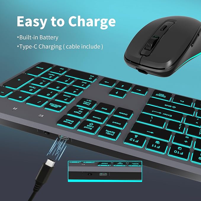 Quiet Wireless Keyboard and Mouse Backlit Rechargeable Silent Flat Keyboard Mouse Combo Jiggle Mouse 2.4GHz Cordless Slim Keyboard Mouse for Mac Windows PC Computer Laptop Desktop (Space Gray)