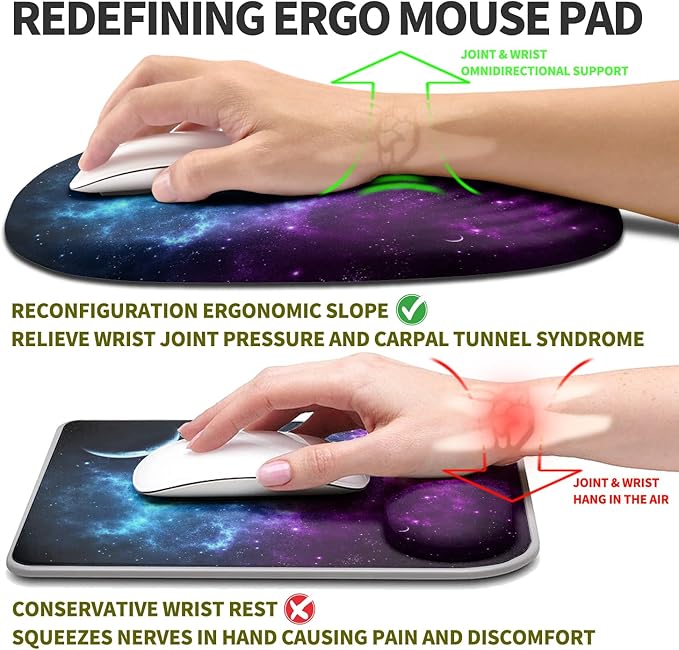 Hokafenle Ergonomic Mouse Pad Wrist Support Terraced Slope Carpal Tunnel Wrist Pad for Mouse with Unibody Memory Foam Wrist Rest Pain Relief Mousepad (Galaxy 11.8x7.9 in)