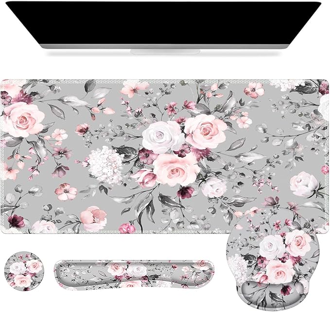 iCasso Large Mouse Pad Wrist Support Set 4in1 XXL Big Mousepad + Keyboard Wrist Rest + Mouse Wrist Rest + Coaster Set with Ergonomic Design Gaming Mat for Home Office Table Computer - Pink Floral
