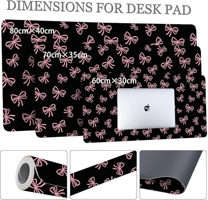 Cute Pink Bow Black Extended Gaming Keyboard Mouse Pad Non-Slip Leather Home Office Desk Mat Protector Laptop Desk Pad Writing Pad