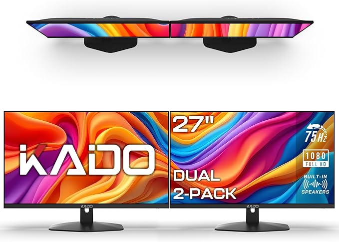 Kado Dual Monitor Setup - 2-Pack 27 1920x1080 Computer Monitor 75Hz VESA Mount HDMI Office Gaming Hybrid Built-in Speakers (E27X Dual Series)