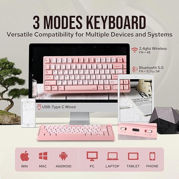KiiBoom Moonshadow V2 75% Wireless Aluminum Gaming Keyboard QMK&ampVIA Programmable BT5.0/2.4GHz/USB-C Hot-Swappable Creamy Mechanical Keyboard with FR4 Plate Knob 4000mAh Battery (Pink)
