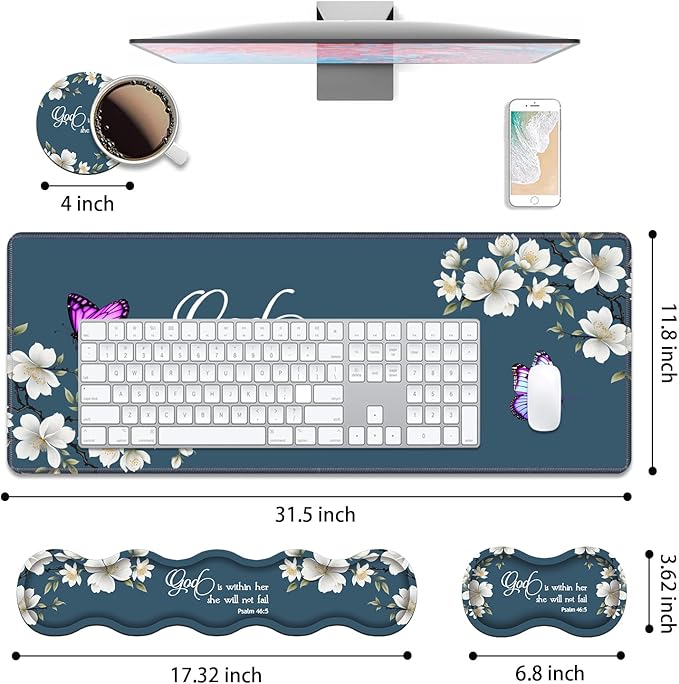 4 in 1 Ergonomic Keyboard Wrist Rest &amp Mouse Pad Wrist Rest SetLarge XXL Gaming Desk Mat 31.5x 11.8 with Non-Slip BaseMemory Foam for Home Office Study GamingFloral Quote Bible Verse Psalm 46