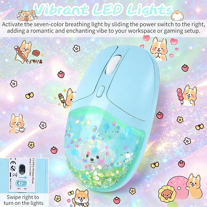 elec Space Wireless Bluetooth Mouse -Cute Clear Aqua Design Glitter Liquid Sand Water Mouse with Optical Precision Silent Clicks LED Breathing LightTransparent Retro Style for Home Office (Green)