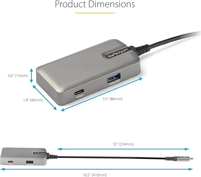 StarTech.com 4-in-1 USB C Hub with Extra Long Cable 4K 60Hz HDMI Alt-Mode 100W Power Delivery 10Gbps Fast Speed Type C Expansion Hub Portable Mini Docking Station for MacBook - TAA