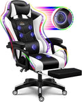RGB Gaming Chair with Massage and Footrest Ergonomic Pro Computer Chair with LED Lights and Speakers High Back Music Video Chair with Lumbar Support and Headrest for Adult Teens. (Black + White)