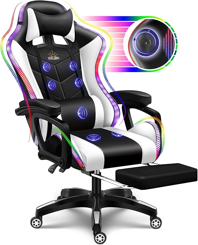 RGB Gaming Chair with Massage and Footrest Ergonomic Pro Computer Chair with LED Lights and Speakers High Back Music Video Chair with Lumbar Support and Headrest for Adult Teens. (Black + White)