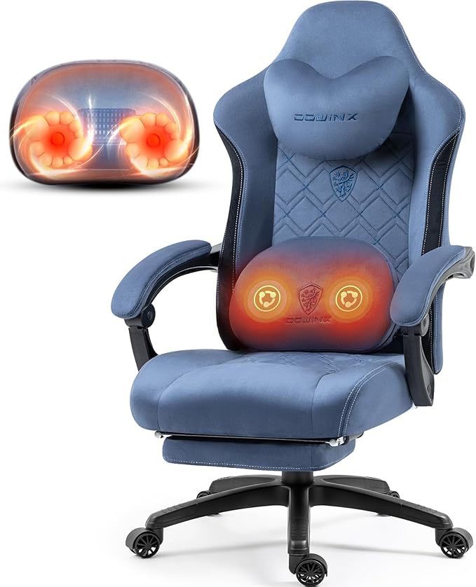Dowinx Fabric Gaming Chair with Heated Massage Lumbar Support Computer Game Chairs for Adults Big Tall Gamer Chair with Pocket Spring Cushion and Footrest Recliner Gaming Chairs for AdultBlue