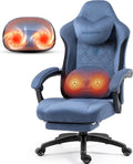 Dowinx Fabric Gaming Chair with Heated Massage Lumbar Support Computer Game Chairs for Adults Big Tall Gamer Chair with Pocket Spring Cushion and Footrest Recliner Gaming Chairs for AdultBlue