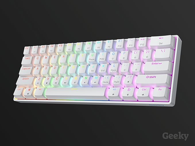 Geeky GK61 SE 60% | Mechanical Gaming Keyboard | 61 Keys Multi Color RGB LED Backlit for PC/Mac Gamer | ANSI US American Layout (White Mechanical Blue)