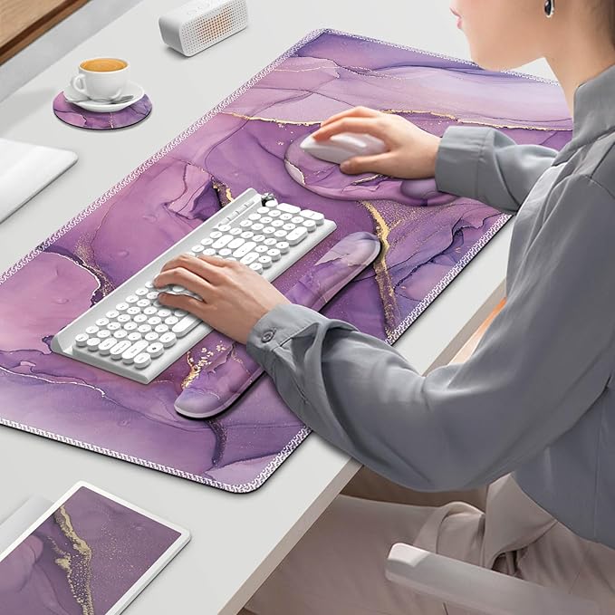 ToLuLu Desk Mat XXL Large Mouse Pad Wrist Support Set4 in1 Gaming Mousepad Desk Pad+ Ergonomic Mouse Pad with Wrist Rest + Keyboard Wrist Rest+Coaster for Women Home Office Computer Purple Marble