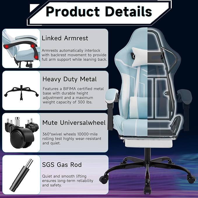 Cute Gaming Chair with Cat Paw Lumbar Cushion and Cat Ears Kawaii Pink Computer Chair with Footrest Ergonomic PC Video Anime Gaming Chairs Recliner for Kids Girls Teens (Blue+White)