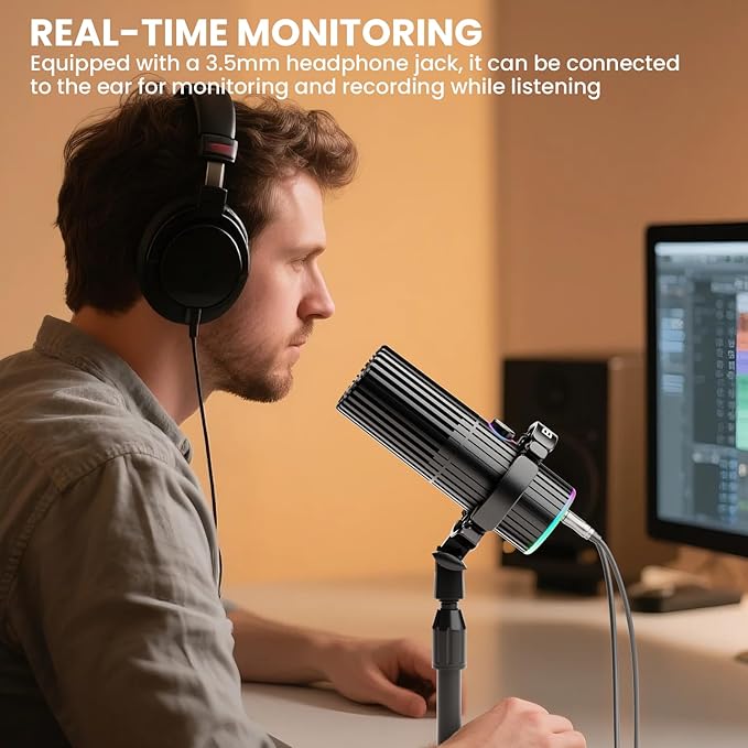 BASN USB/XLR Dynamic Microphone Live Streaming Gaming Recording with Three-in-One Mute ButtonRGB Lighting and MIC Stand for PC (Black) SL2000
