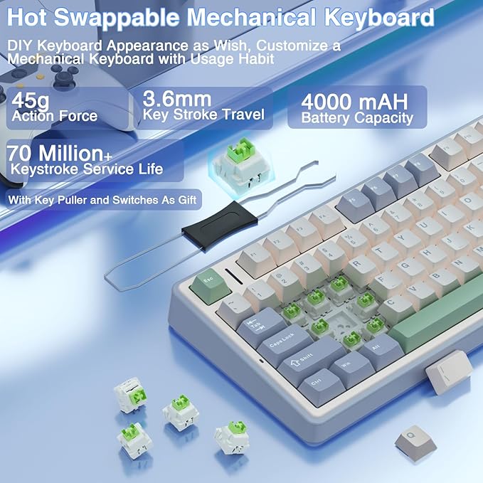 AULA F75 75% Wireless Mechanical Keyboard Hot Swappable Creamy Keyboard Pre-lubed Reaper Switches RGB Backlit Gaming Keyboards 2.4GHz/Type-C/BT5.0(White &amp Green)
