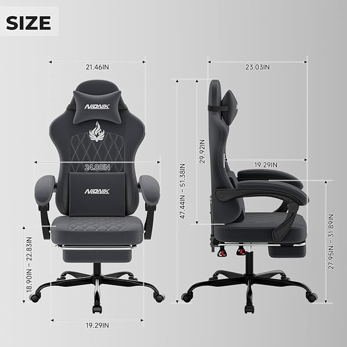 Ergonomic Gaming Chair Video Gamer Chairs Gaming Computer Chairs Gamer Chairs for Adults Massage Lumbar Support Swivel Height Adjustable Headrest Backrest Grey