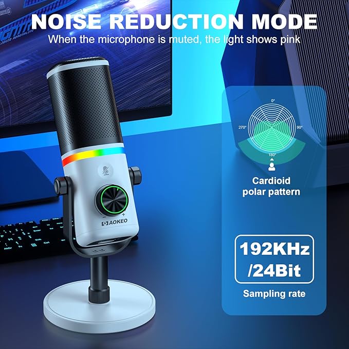 Aokeo Microphone for PC AK-10 USB/XLR Dynamic Desktop Microphone for GamingPodcastStreaming with RGB LightVolume ControlMute ButtonNoise Reduction(White)