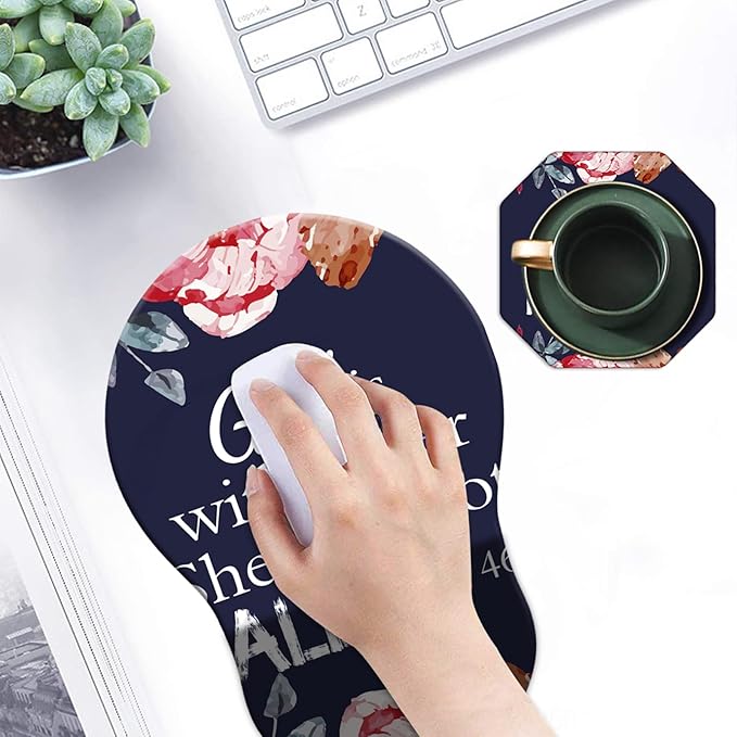 Mouse Pad with Wrist Support Gel Bible Verses Psalm 46-5 Flowers Pattern Design Ergonomic Gaming Mousepad with Wrist Rest for Laptop Computer Home Office Working Mouse Mat + A Cute Coffee Pad