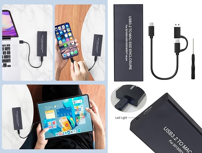 External USB-C 3.2 SSD Enclosure for MacBook Air/Pro 12+16 PIN SSDs Hard Drive Reader for A1466 A1465 A1502 A1398 SSDs mid 2013-2017 Portable Mac SSD to USB C Adapter Case