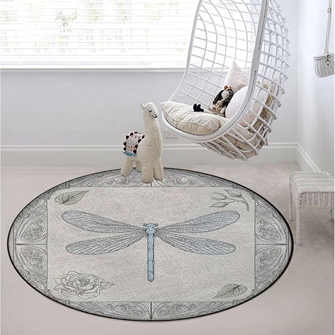 Animal Round Area Rug Washable Indoor Throw Rugs for Living Room Bedroom Watercolor Exotic Flying Art HDrawn RoyalBlack Yellow Diameter 47.2 in