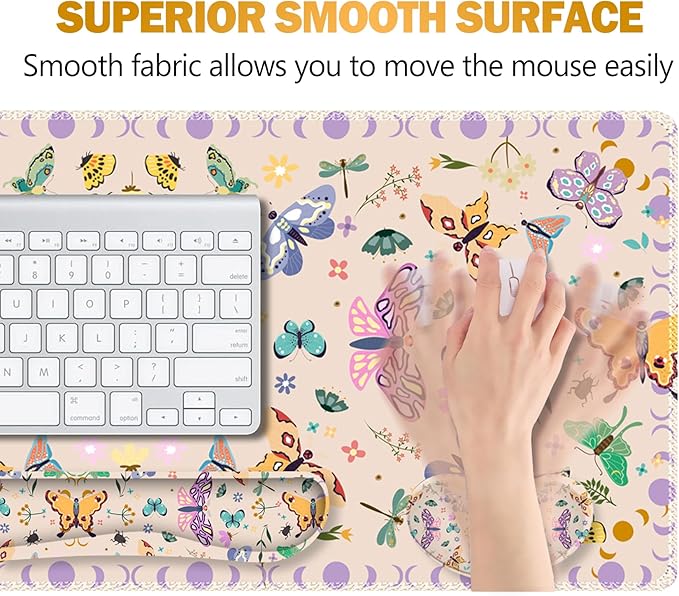 ARTSO Desk Mat Set Apricot Extended Gaming Mouse Pad with Wrist Rest Support +Keyboard Wrist Rest +Coaster Large Cute Butterfly Mousepad Easy Typing and Pain Relief