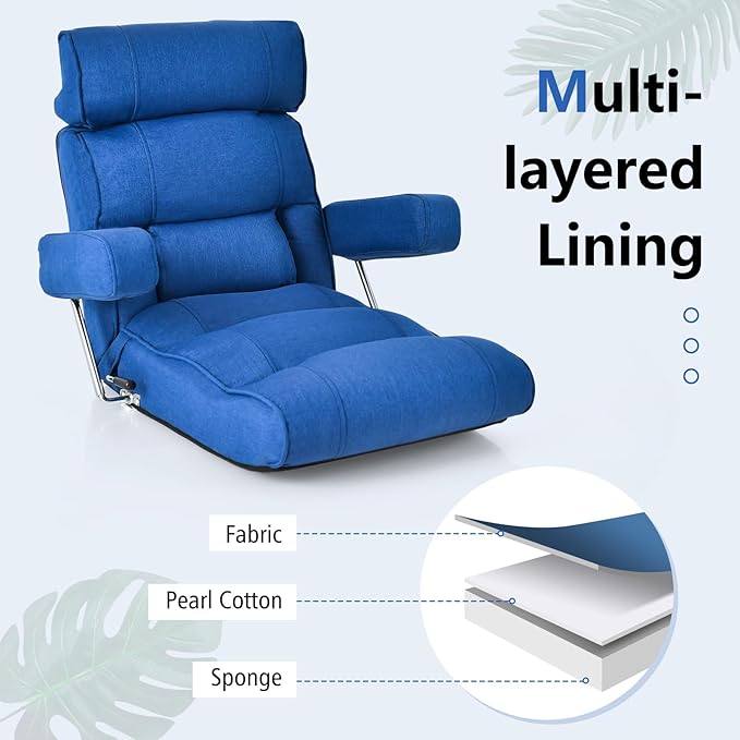 Giantex Adjustable Folding Sofa Chair - Lazy Floor Chair with Infinitely Adjustable Backrest Extendable Armrest &amp Seat Couch Recliner for Meditation Reading Gaming Floor Chairs for Adults (Blu