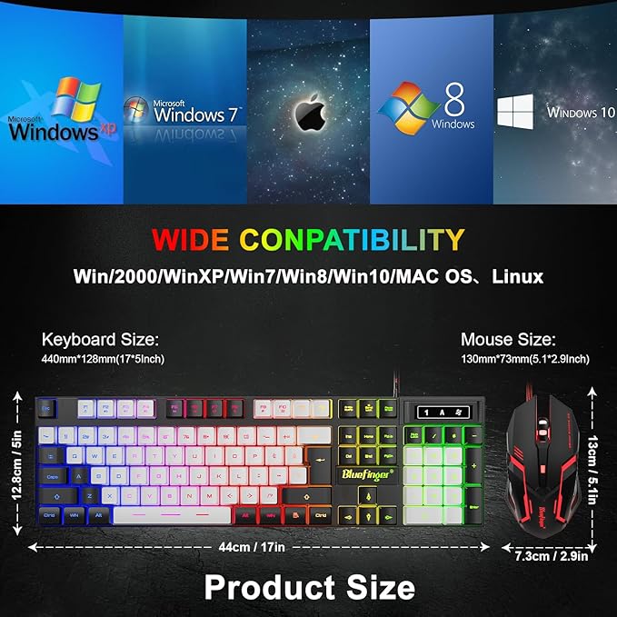 BlueFinger RGB Gaming Keyboard and Backlit Mouse Combo USB Wired LED Gaming Set for Laptop PC Computer Game and Work (Black &amp White)