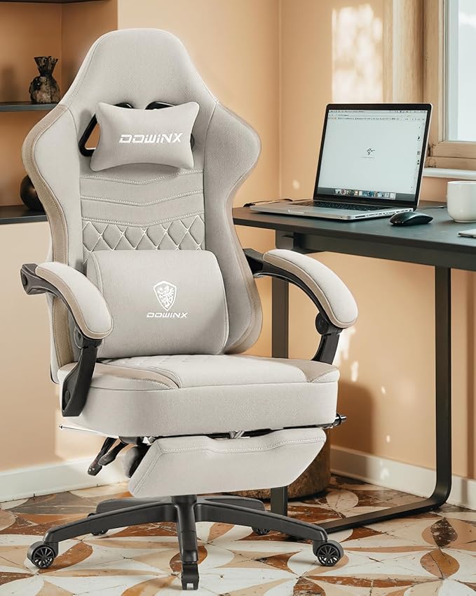 Dowinx Gaming Chair Breathable Fabric Game Chair with Gel Pad and Storage Bag Comfortable Gamer Chair with Pocket Spring Cushion Ergonomic Computer Chair with Footrest Beige and Brown