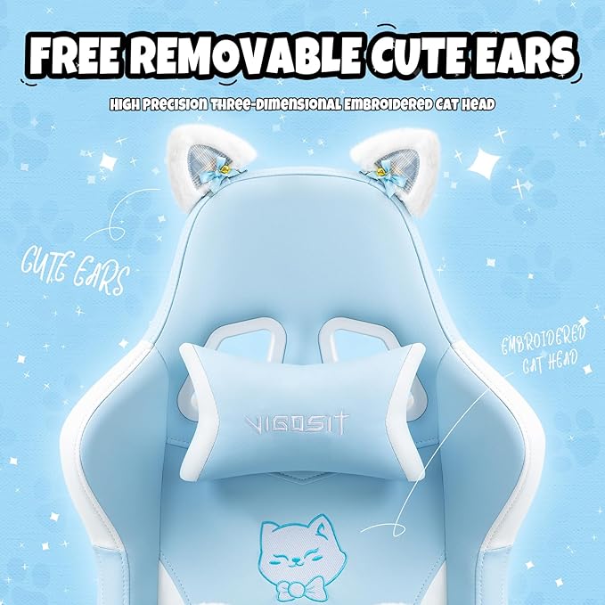 Cute Gaming Chair for Girl Ergonomic Cat Computer Chair with Armrests High Back Video Game Chairs with Footrest and Massage Lumbar Support for Teen &amp Woman Adjustable Height (Blue)