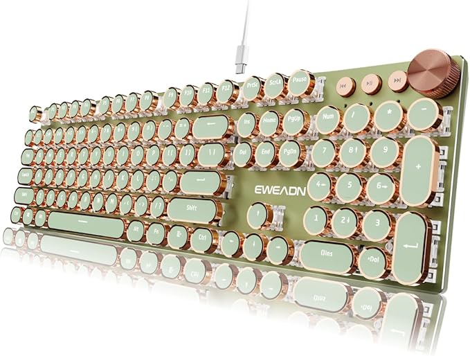 EWEADN Typewriter Style Mechanical Keyboard Wired Typewriter Keyboards104 Keys Backlit LED Metal Keyboards Media Control Knob Wired Computer Keyboard Pink Switch for Windows/Mac/PC-Green