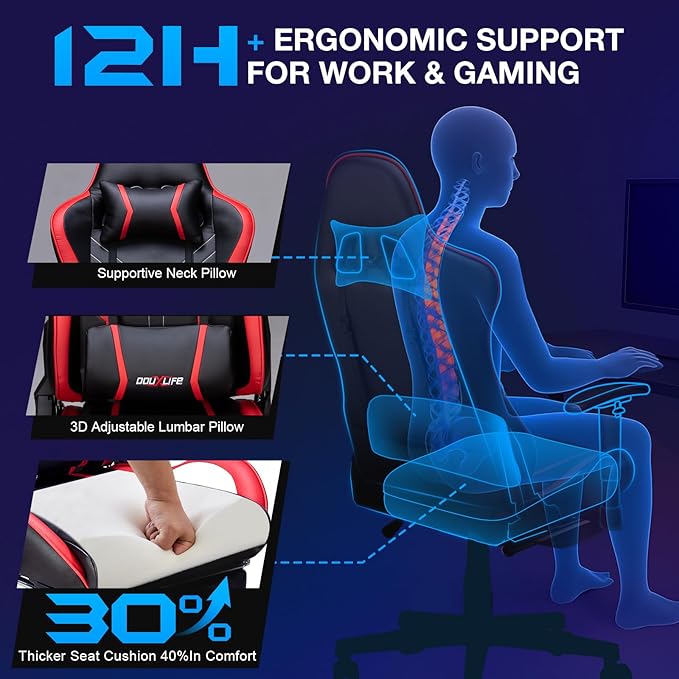 Douxlife 7-Point Massage Gaming Chair with Footrest 400lbs Heavy Duty Ergonomic Computer Chair 175° Reclining High Back Racing Seat for Adults with Adjustable Armrests &amp Lumbar Support Red