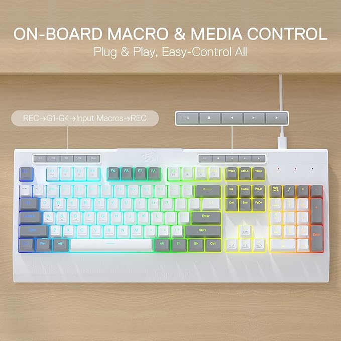 Redragon K525 RGB Backlit 104 Keys Wired Membrane Gaming Keyboard w/ 5 Multimedia Keys &amp 4 Extra On-Board Macro Keys Dedicated Media Control Ergonomic Wrist Rest Linear Mechanical-Feel Switch