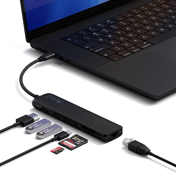 Satechi 7 in 1 USB C Hub Multiport Adapter with Ethernet HDMI 4K@60Hz 100W PD Charging 2X USB-A Data Ports Micro/SD Card Readers for MacBook Air/Pro M5/M4 iPad Windows - Black