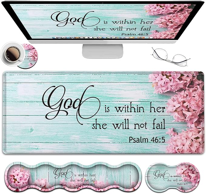 Mouse Pad Set Large Gaming Mouse Pad + Keyboard Wrist Rest Support + Mouse Wrist Cushion + Coaster Non-Slip Rubber Base 31.5 x 11.8 in Extended Desk Mat for Office Psalm 46-5 Pink Hyacinth
