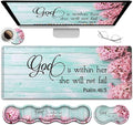 Mouse Pad Set Large Gaming Mouse Pad + Keyboard Wrist Rest Support + Mouse Wrist Cushion + Coaster Non-Slip Rubber Base 31.5 x 11.8 in Extended Desk Mat for Office Psalm 46-5 Pink Hyacinth