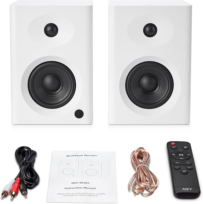 Bookshelf Speakers with Deep Bass 80W Max Output HiFi Gaming Computer Speakers 4 Desktop Audio System for Music Record Player RCA to 3.5mm Cable White Pair