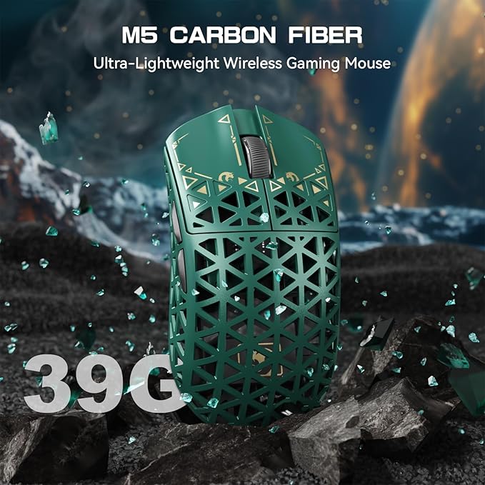 MAMBASNAKE M5 Ultra Carbon Fiber 8KHz Wireless Gaming MousePAW3950MAX Sensor 42K DPI39g Superlight Tri-Mode 2.4GHz/BT/Wired Computer MiceWeb Driver Supportfor Win/Mac/FPS/MOBA/Esports-Green (A)