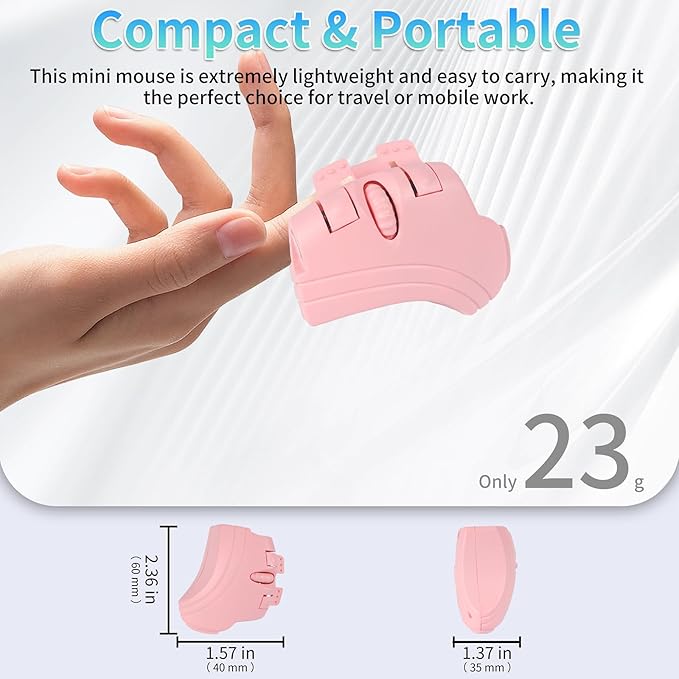 Bluetooth Mini Ring Mouse - Ergonomic Wireless Finger Mouse for Laptops Tablets &amp Presentations - Portable Easy to Use Long Battery Life (Pink)