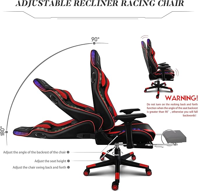 Gaming Chairs for Adults Massage Video Game Chairs with Speakers and RGB Lights Ergonomic High Back Computer Chair with Footrest and 4D Handrail PU Leather 360° Swivel Racing ChairRed