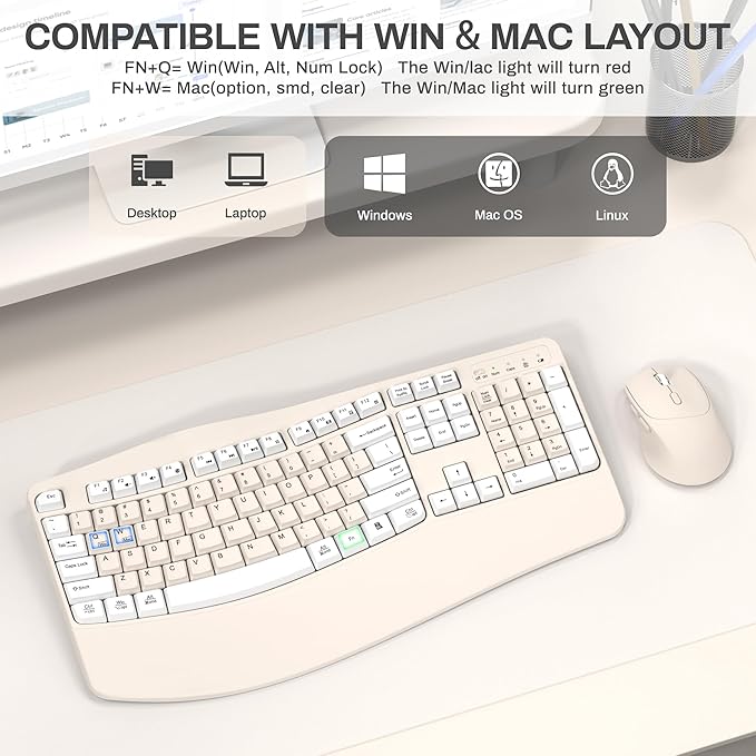 Ergonomic Wireless Keyboard and Mouse Combo Wave Keys Keyboard with Wrist Rest for Natural Typing 3 DPI Adjustable Ergonomic Silent Mouse for Computer/Laptop/Windows/Mac (Latte Color-A)