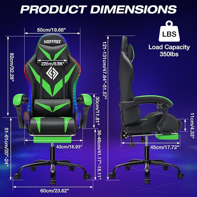 HOFFREE Gaming Chair with LED RGB Lights Massage Ergonomic Video Game Chairs with Footrest High Back Reclining Computer Chair with Adjustable Lumbar Support Green and Black