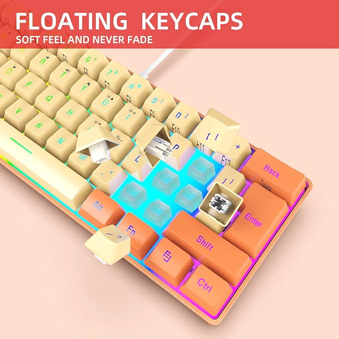 Snpurdiri 60% Wired Gaming Keyboard RGB Backlit Ultra-Compact Mini Keyboard Waterproof Mini Compact 61 Keys Keyboard for PC/Mac Gamer Typist Travel (Orange and Cream)