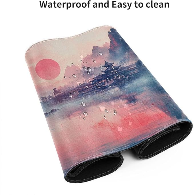 Landscape Ink Painting Gaming Mouse Pad Extra Large Gaming Mouse Pads Waterproof Non Slip Big Computer Mousepad Mice Pads Desk Pad Stitched Edges for Women Office Home (48x24 Pink)