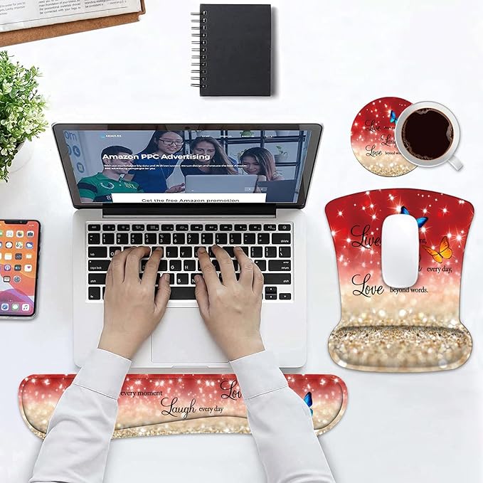 Keyboard Wrist Rest and Mouse Pad Wrist Support Set with Coasters Non-Slip PU Base Ergonomic Mousepad for Computer Laptop Home Office Easy Typing &amp Pain Relief Red Glitter Quote Live Laugh Love