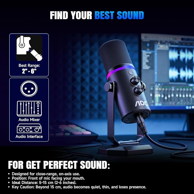 AOC USB/XLR Dynamic MicrophonePC Gaming Mic with RGB LightPodcast Mic for Recording Streaming Vocal &amp Singing with Mute Button 3.5mm Headphone JackDesktop Stand (XLR Cable Included)
