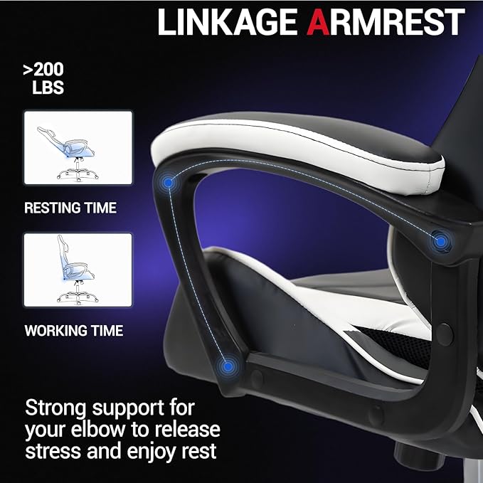 Gaming Chair PU Leather Massage PC Video Game Chair with Lumbar Support for Men Women Home Office Height Adjustable Ergonomic High Back White